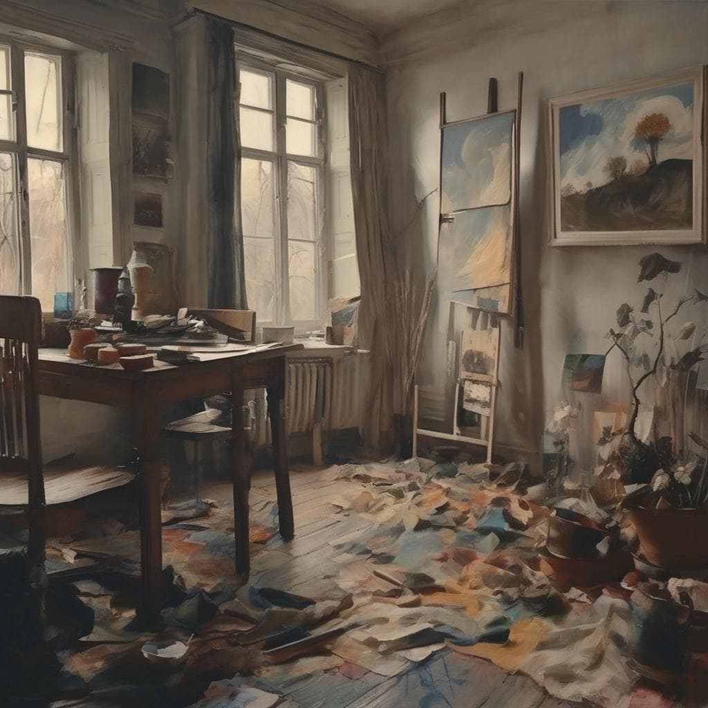 Ανθρώπινο εργαστήριο με καμβάδες και χρώματα, φωτισμένο από φυσικό φως, με διάφορα έργα τέχνης και καλλιτεχνικά εργαλεία.