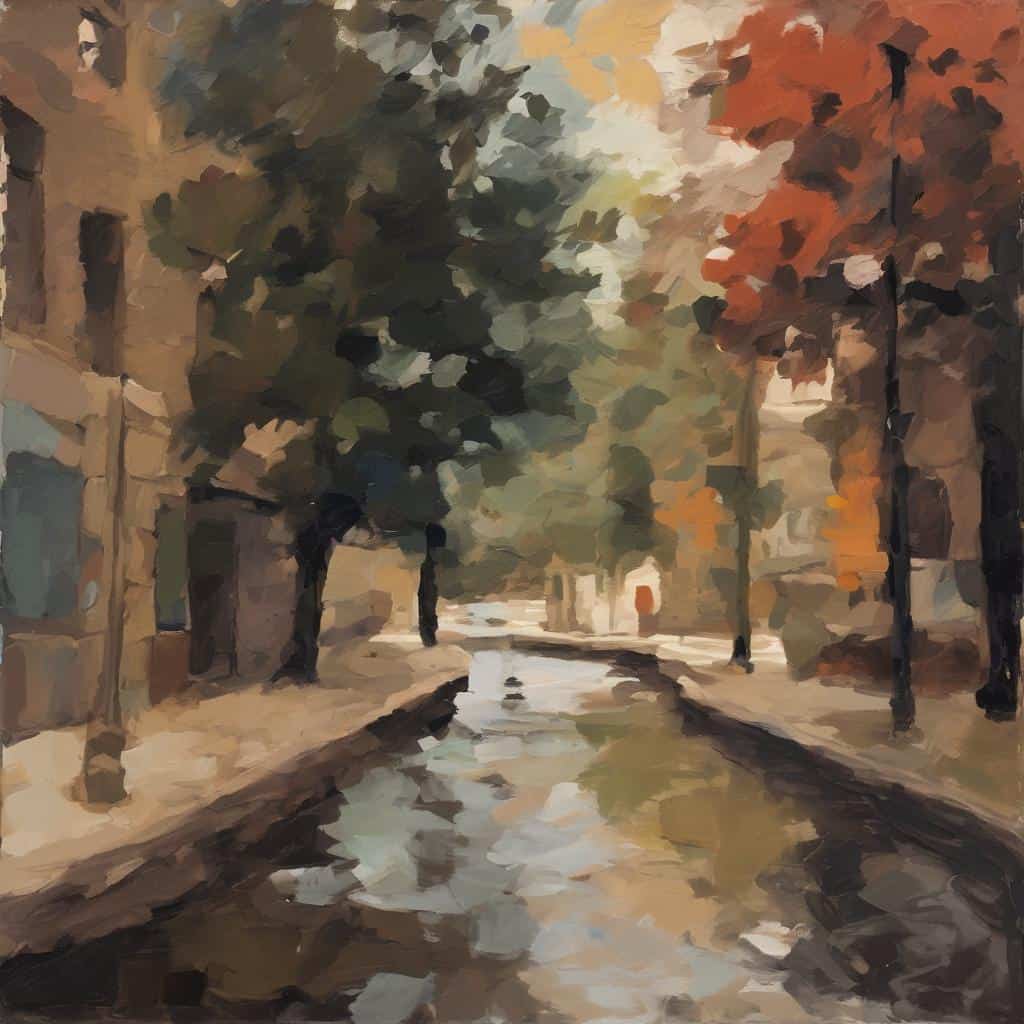 Ανθισμένο τοπίο με δέντρα και ποταμό σε ζωγραφική υφή, αναδεικνύοντας την οπτική ενέργεια των χρωμάτων και την αίσθηση της φύσης.