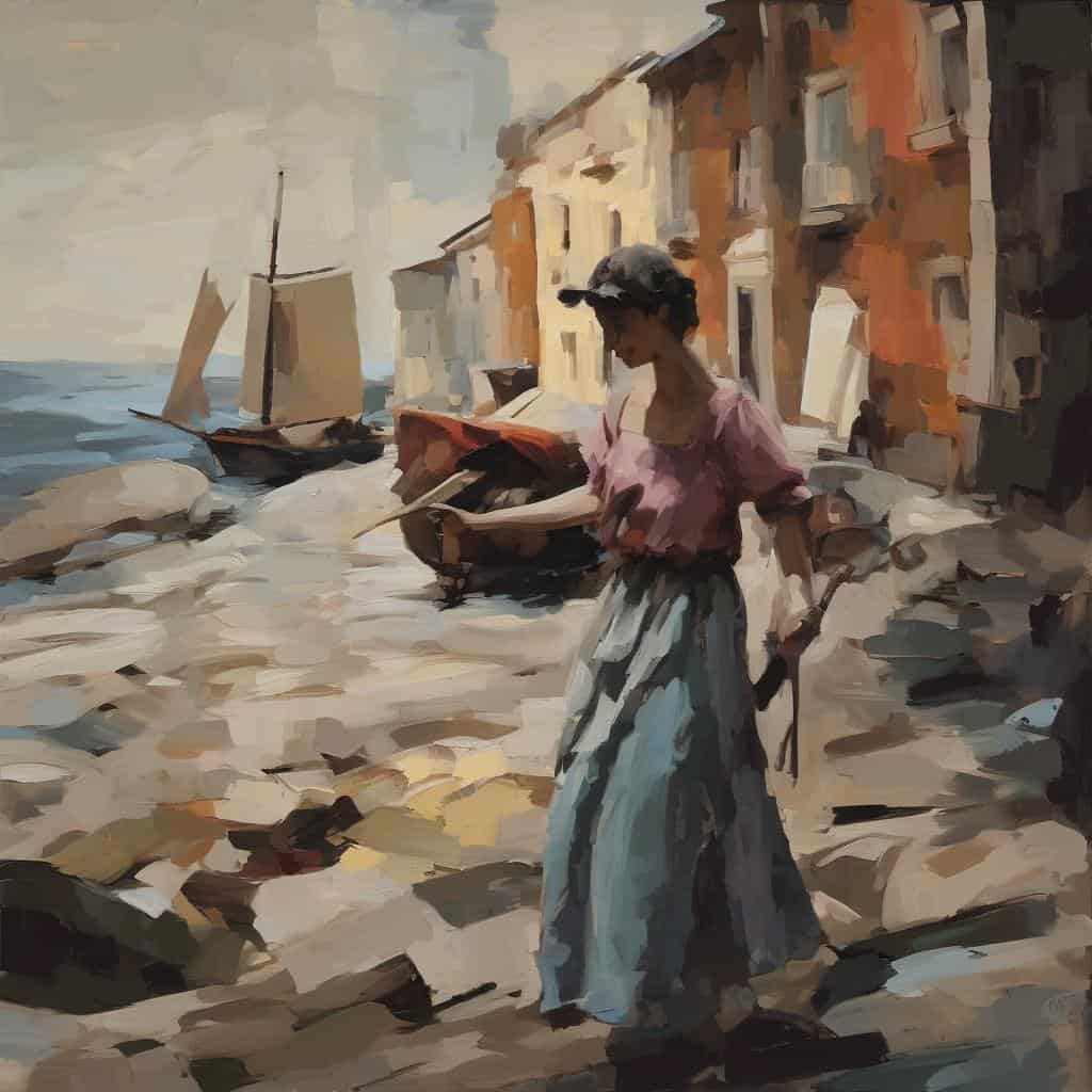 Καθαρή οπτική ενέργεια των χρωμάτων σε παραθαλάσσιο τοπίο με γυναίκα που διαβάζει, εστιάζοντας στη δύναμη και την επίδραση των χρωμάτων στην ψυχολογία και την αισθητική.