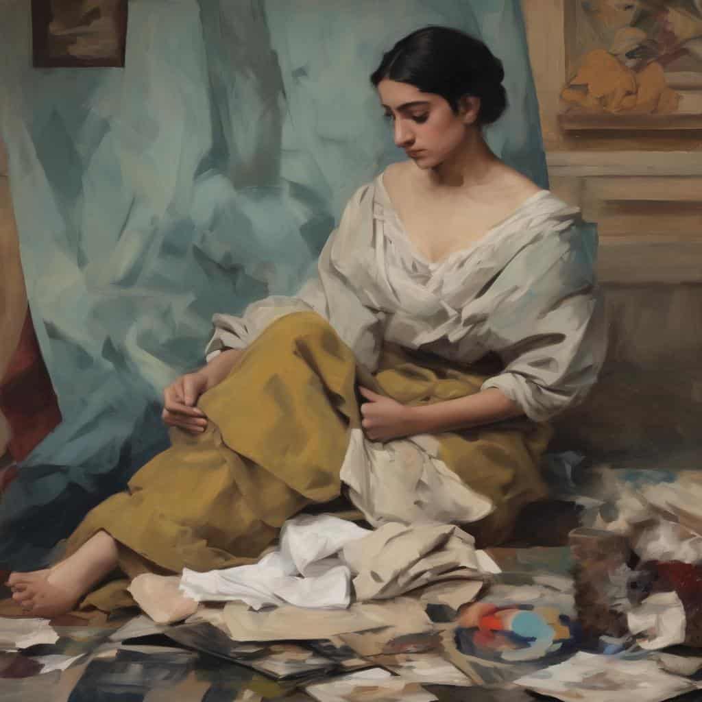 Ζωγραφική εικόνα με νεαρή γυναίκα που κάθεται σε καμβά, με έμφαση στα χρώματα και την οπτική ενέργεια, εμπνευσμένη από το έργο του Juan Martínez MONTAÑÉS.
